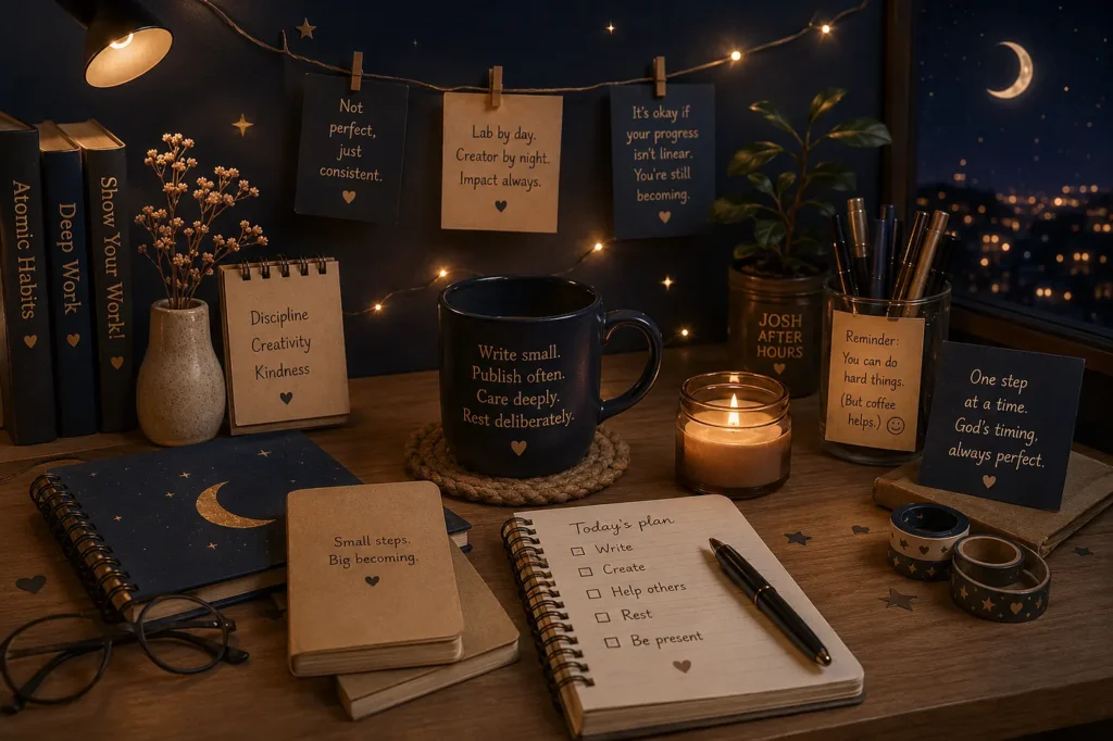 A cozy nighttime workspace in navy, cream, and warm gold tones featuring books, journals, handwritten notes, candles, coffee, and a moonlit window representing creativity, rest, and intentional living.