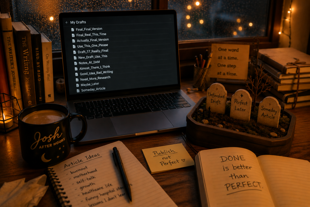 A cozy Josh After Hours writing workspace featuring a laptop filled with unfinished draft titles, a miniature graveyard with tiny tombstones labeled "Unfinished Draft," "Perfect Later," and "Someday Article," surrounded by coffee, notebooks, books, and warm amber lighting. Rain falls outside the window as golden bokeh lights glow in the background, symbolizing creativity, perfectionism, and the courage to finally publish.